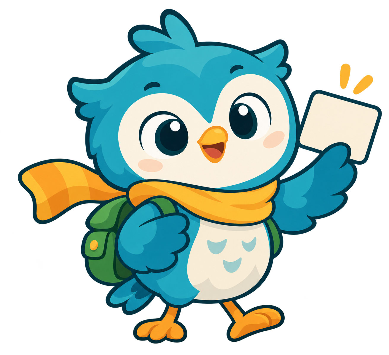 Corujinha azul mascote do Quizzado, segurando um cartão de pergunta