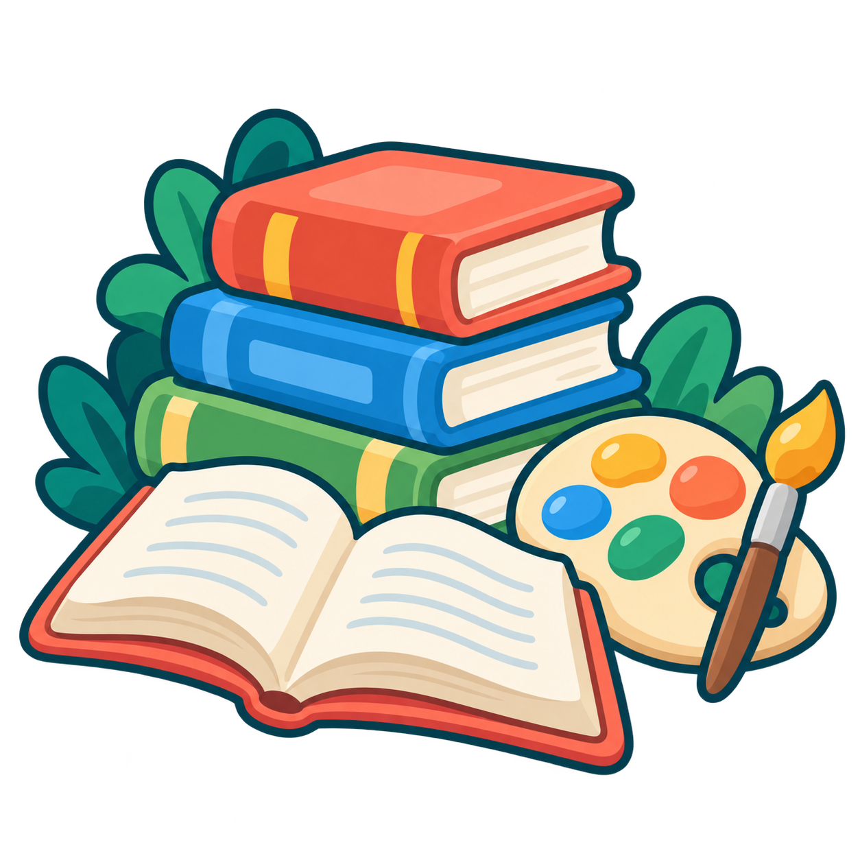 Livros abertos, paleta e pincel
