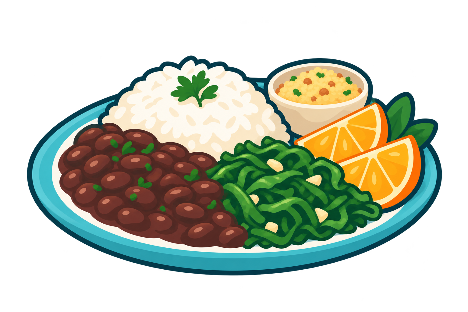 Prato ilustrado de arroz, feijão, couve e laranja