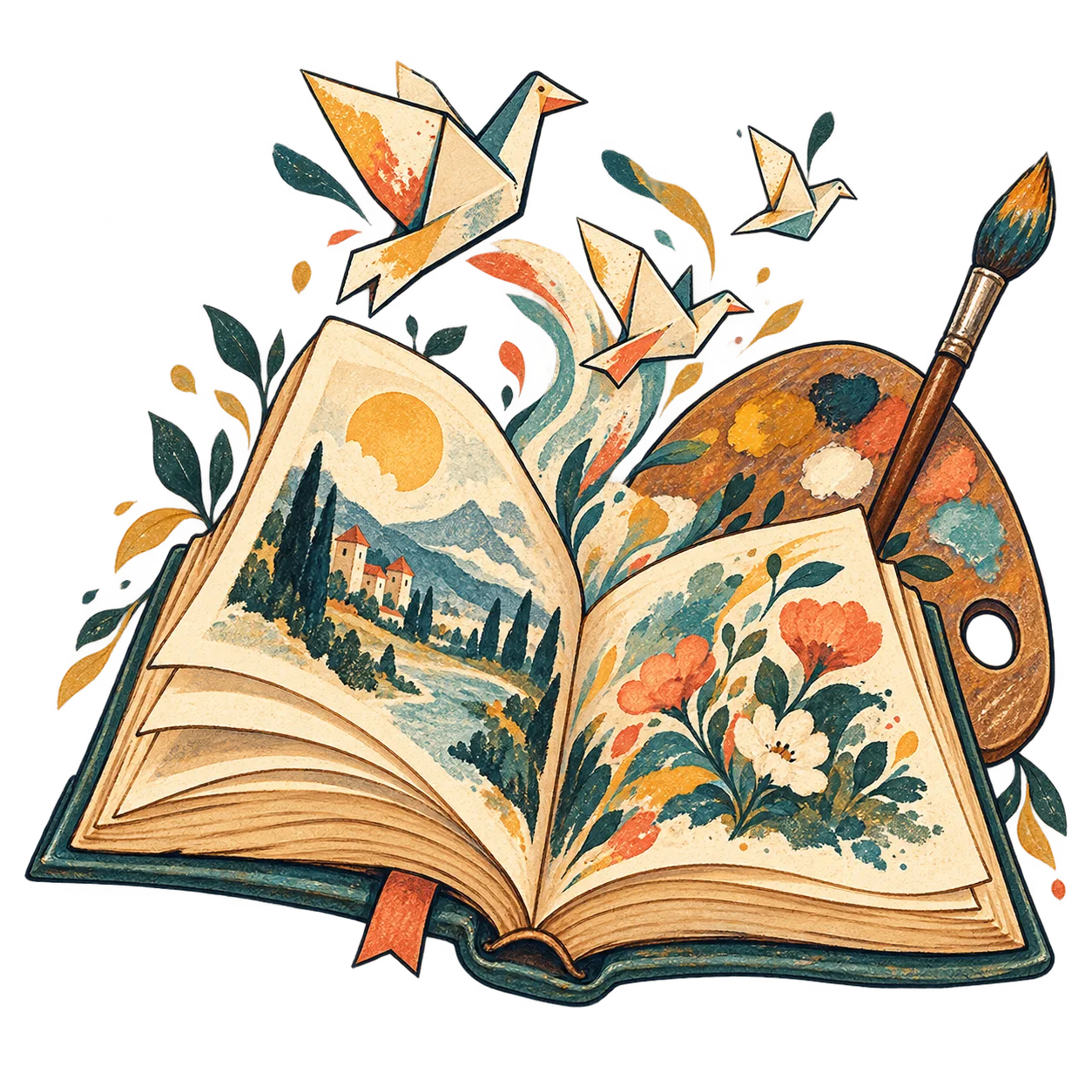 Livro aberto e materiais de pintura