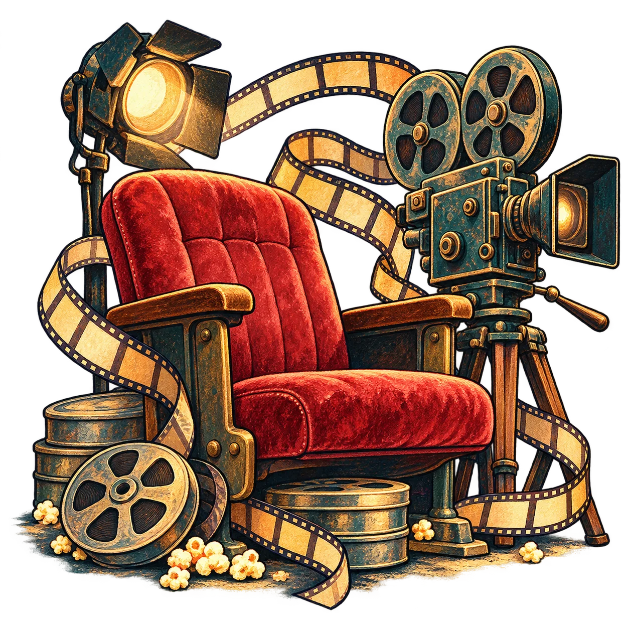 Câmera de cinema e rolos de filme